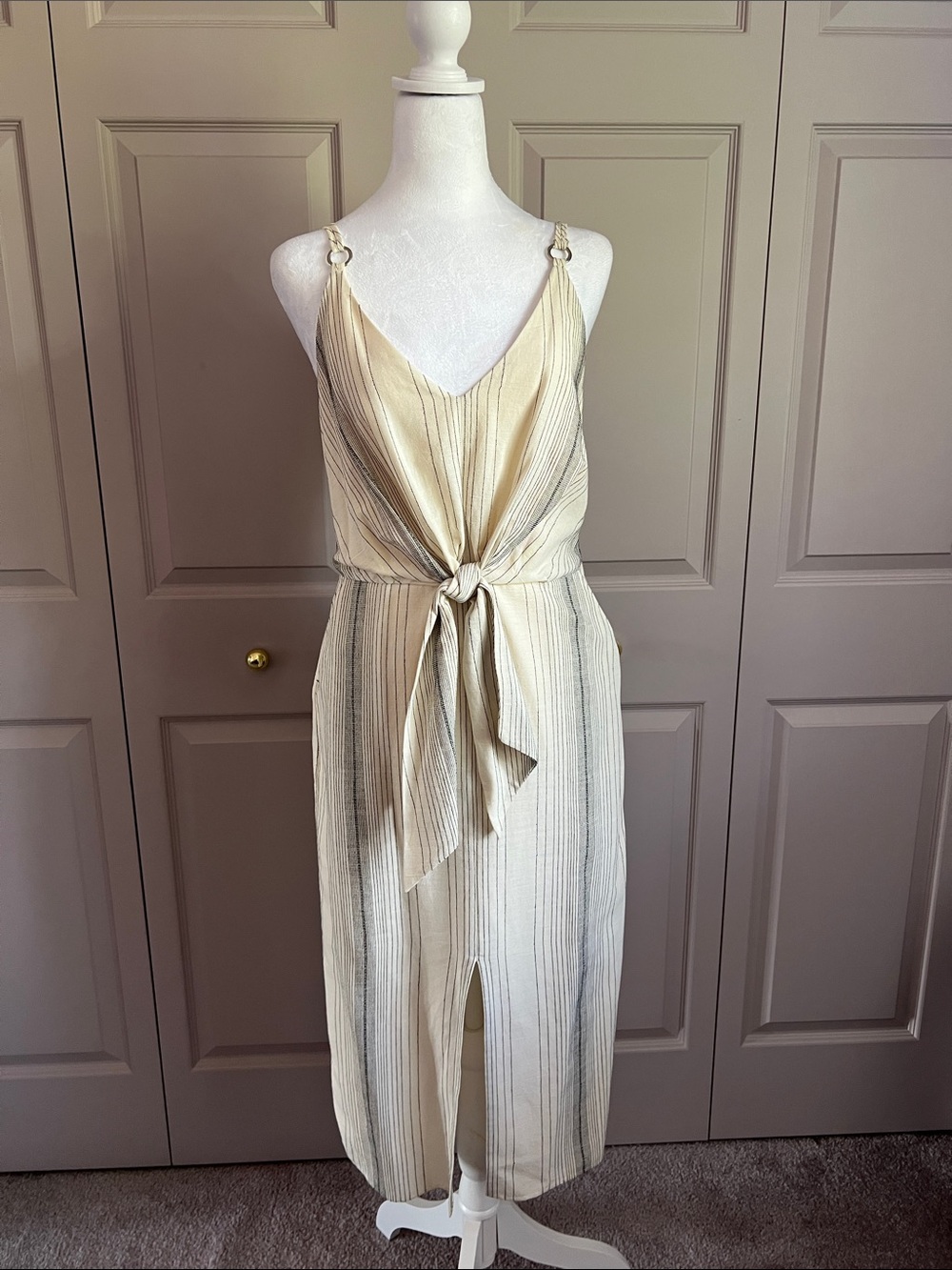 Reiss Cream and Beige Striped Midi Dress with Front Tie